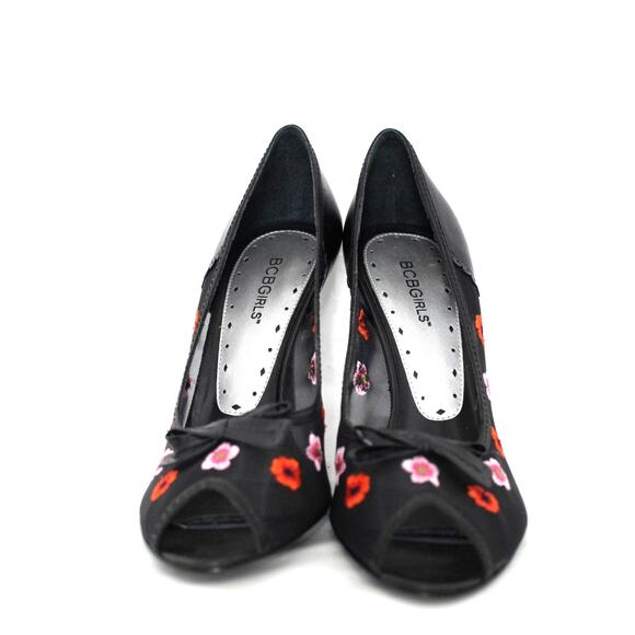 BCBGirls Docre Black Mesh Floral Bow Peep Toe Slip On Heels Size 9 - Picture 2 of 5